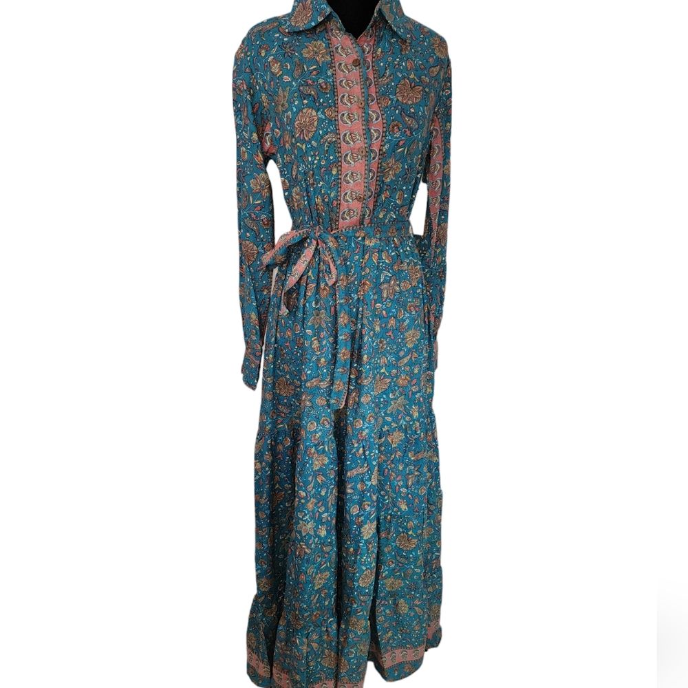 Anthropologie Teal Floral Maxi Dress with Pink Accents